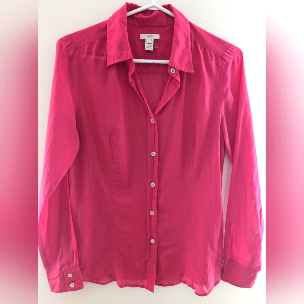 J. Crew Silk Cotton Blend Electric Barbie Hot Pink Button Down Shirt Size US‎ 4